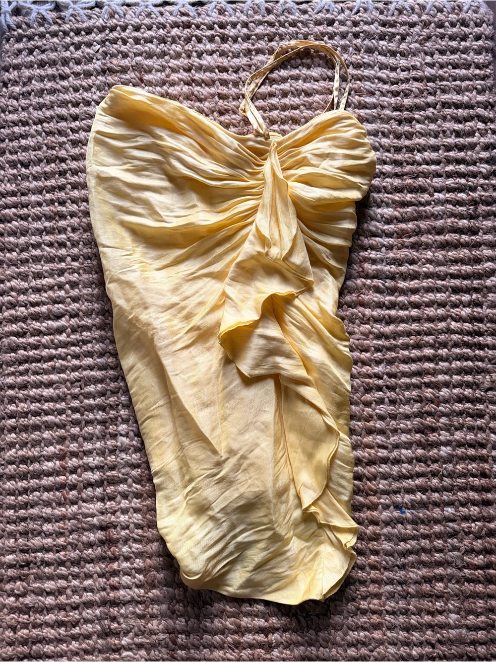Vintage bebe linen silk strapless Yellow Ruffled Strapless Cocktail Dress/top